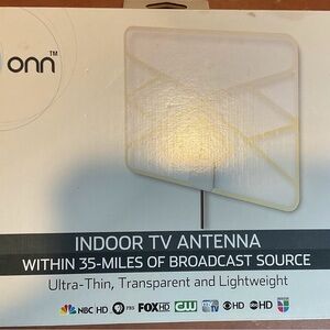 INDOOR TV ANTENNA BY ONN HAS 35 MILE RANGE.  ULTRA THIN.